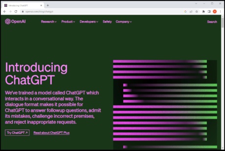 ChatGPTのウェブ画面。メールアドレスなどを登録すれば誰でも無料で利用できる。より高性能な言語モデル「GPT-4」が使える有料プランは月額20ドル