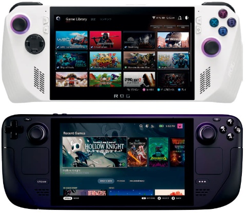 6月にはシェア1位を記録したROG Ally(ASUS JAPAN)(上)。たびたび品切れになったSteam Deck (米Valve、KOMODO)(下)
