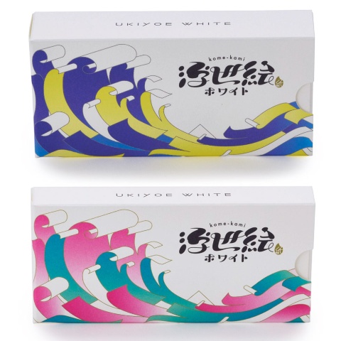 パッケージに使用した場合のイメージ。上はブルーとイエローで、下はピンクとグリーンを使い、浮世絵の絵柄のようにしている