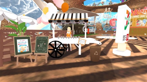 「東雲めぐ」が商品を紹介。3Dオブジェクト「カフェセブン」を、来場者に無料で配布した。「カフェセブン」を飲むと、特殊効果が現れる　©Virtual Market