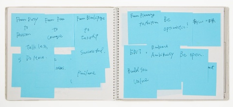 「アイデア用ノート」のプロトタイプの代用として、佐倉部長が実際に使用していたノート。市販の横型スケッチブックに、付箋を貼って使用