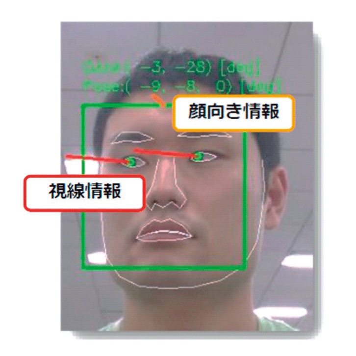 「遠隔視線推定」は顔認証技術の一つ。目頭や目尻、瞳などの目の周囲点の特徴点を正確に特定し、通常のカメラで高精度で視線方向を検知できる