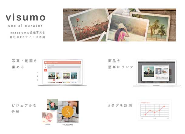 visumoのsocial curatorは、インスタグラム上の写真や動画を収集し、投稿者への利用許諾、サイトへの活用まで対応するツール。投稿に商品をひも付けることも可能