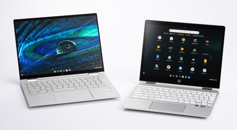 各社からChromebookが発売されている。写真は日本HPの「HP Chromebook x360 13c」（左）、「HP Chromebook x360 12b」（右）