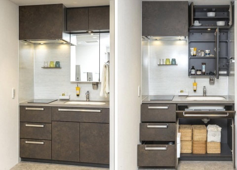 洗面化粧台とキッチンを融合させた「MIXINK(ミキシンク)」。単なる洗面化粧台に見えるが左側にIHコンロを備える