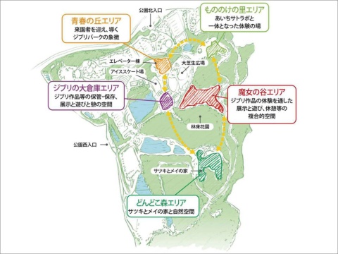 ジブリパークの全体マップ。愛・地球博記念公園の広大な敷地内に5つのエリアが整備される。©Studio Ghibli