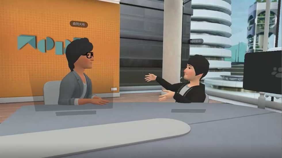 VRゲームを手掛けるサードバース（東京・千代田）のCEO（最高経営責任者）で、ブロックチェーン技術を活用したNFT事業などを手掛けるフィナンシェ（東京・渋谷）の代表も務める國光宏尚氏に、インターネットの未来を聞いた。今回は、未来のインターネットの姿を聞くため、メタのVR会議アプリ「ホライズンワークルーム」でインタビューを実施。画像右側が國光氏のアバター