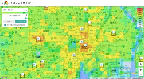 10段階の色分けで人口ヒートマップを示すモバイル空間統計