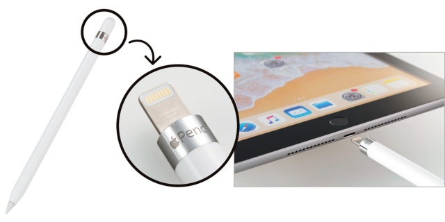 タッチペン「Apple Pencil」は充電式。キャップを取り外してライトニングコネクターを差し込むだけでペアリングが完了