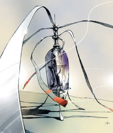 「リボンのヘリ」。瞬時に剛性を変えられる特殊繊維素材を用いた、軟らかい二重反転回転翼を持つパーソナルヘリコプターの提案。2度目の脱サラ直後に描いた、いかにも「漫画と機械工学」なスケッチ