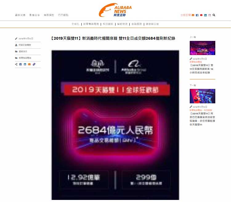 2019年の「独身の日」の総取扱高が約2684億元に達したことを発表するアリババ集団のリリース
