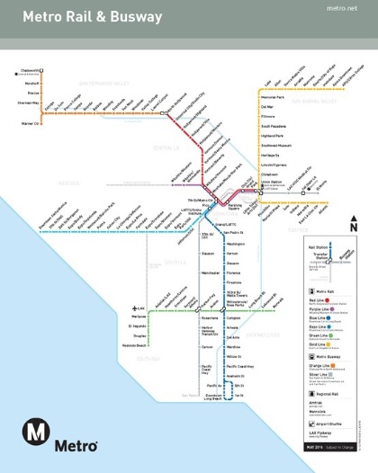 ロサンゼルスの幹線公共交通網のマップ。地下鉄とLRT、BRTが一体で表現されている点も特徴的