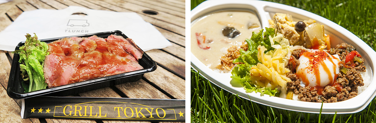 たっぷりの肉が盛られたガッツリ系弁当（写真左）や、定番のガパオライスとグリーンカレーのセットなど、各フードトラックは工夫を凝らしたメニューで勝負する