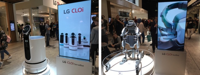 LGが展示していたロボットシリーズ「CLOi」。左写真が各種サービスを担うロボット、右写真はパワードスーツ