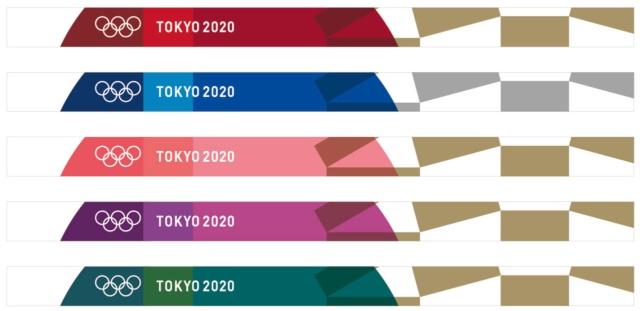 コアグラフィックスを施した基本的なグラフィックスタンダードの一例。コアグラフィックスにオリンピックのシンボルマーク、「TOKYO2020」のワードマーク、大会エンブレムにある形の異なる3種類の四角形のエレメントを配してデザインした