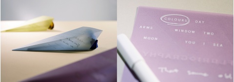 FLORIOGRAPHYの包み紙にメッセージを書き込める。包み紙には、メッセージがうっすら透けて見える半透明の紙を採用した(左)。一部の店舗では、メッセージを書くスペースも用意する。包み紙の内側にプリントした「COLOURS」「YOU」「STORY」などのキーワードは、ブラジルの音楽家、アントニオ・カルロス・ジョビンが作曲した曲の歌詞の中から選んだ(右)