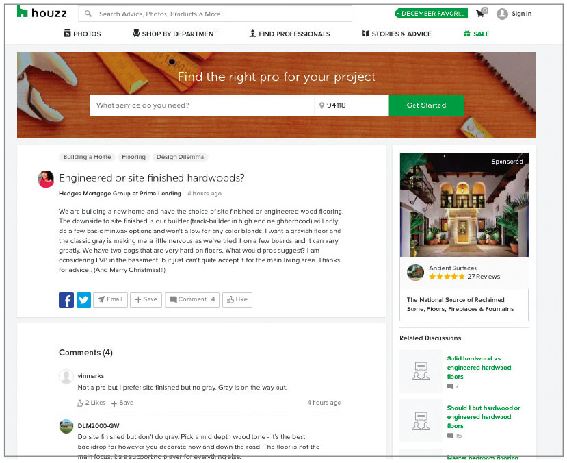 Houzz.comは、タイルなどの品ぞろえが多い他、体験談が豊富に掲載され参考になる