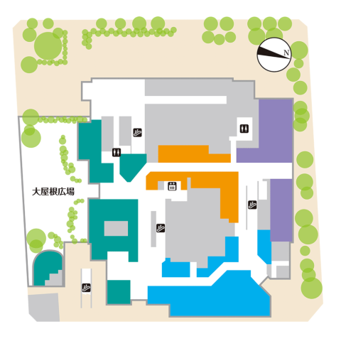 1階は4つのゾーンに分かれている。緑が広場ゾーン、青が中央通りゾーン、紫が江戸通りゾーン、オレンジがパサージュゾーン