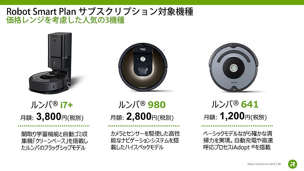 「ロボットスマートプラン」の対象は「ルンバ i7＋」「ルンバ 980」「ルンバ 641」の3モデル。ベーシックモデルの「ルンバ 641」なら月額1200円（税別）で利用できる
