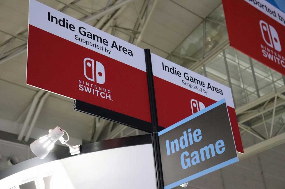 東京ゲームショウ2019のインディーズゲームコーナー。Nintendo Switchがスポンサーを務めた。こうした形で若き開発者を支援するようになっている