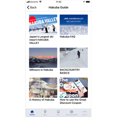 「HAKUBA VALLEY アプリ」英語版の画面。アプリは多言語に対応。デジタルプロモーションの範囲を拡大する予定だという