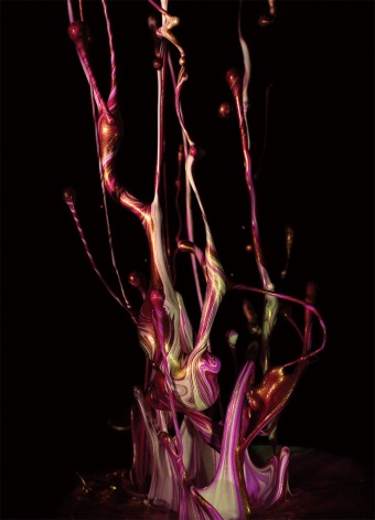 土佐尚子氏のアート作品「Sound of Ikebana（サウンドオブ生け花）」。音圧で跳ね上げた流体をハイスピードカメラで撮影・制作する。四方に飛び散った流体がつくる不思議な模様の一瞬をアートにした（写真提供／凸版印刷）
