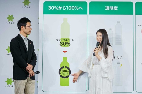 発表会に登壇した日本コカ・コーラ技術本部労働安全衛生・環境サスティナビリティガバナンス部の柴田充部長とブランドアンバサダーの土屋太鳳