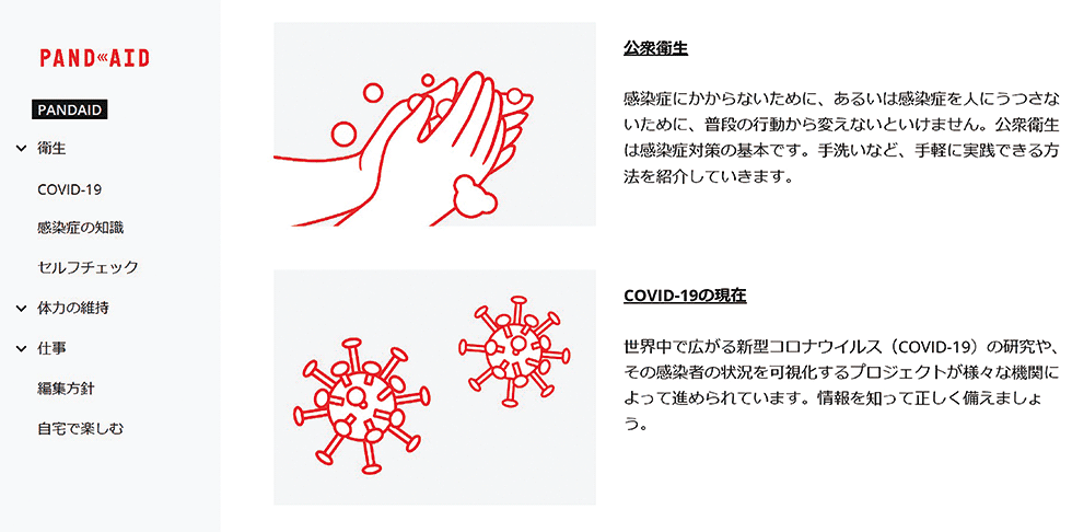 「COVID-19」「衛生」「感染症の知識」「セルフチェック」「体力の維持」「仕事」「自宅で過ごす」など多様な領域をカバーしている。ロゴマークのデザインで、今後に進む方向を分かりやすく示しているという（画像はPANDAIDのサイトから）