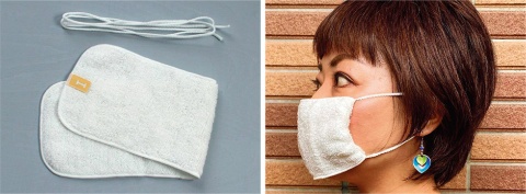 IKEUCHI ORGANICの「オーガニックCU+ マスクハンカチ」は通常はタオルだが、ひもを付けるとマスクになる。右は装着したところ。マスクとしても違和感がない