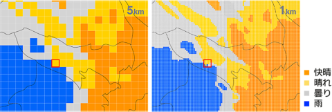 ウェザーニューズが以前に使用していた5kmメッシュの気象データ（左）と、17年7月より提供開始した1kmメッシュの気象データ（右）の比較。赤枠の部分は5kmメッシュだと晴れとされるが、1kmメッシュで見るとその中に雨や曇りのエリアもあることが分かる