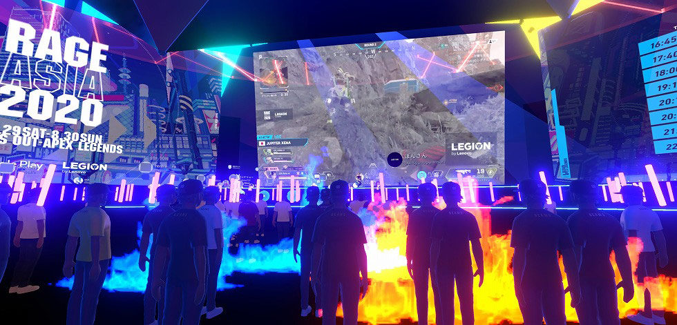 CyberZのV-RAGEの様子。アバターを使ってバーチャルな会場内を自由に移動、大型ディスプレーで試合の様子を見られる