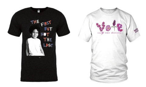 （左）初めての有色人種女性の副大統領候補カマラ・ハリス氏の、子供の頃の写真をプリントしたTシャツ　（右）ファッションデザイナー、ジョナサン・コーエンによるTシャツ（https://store.joebiden.com/より）