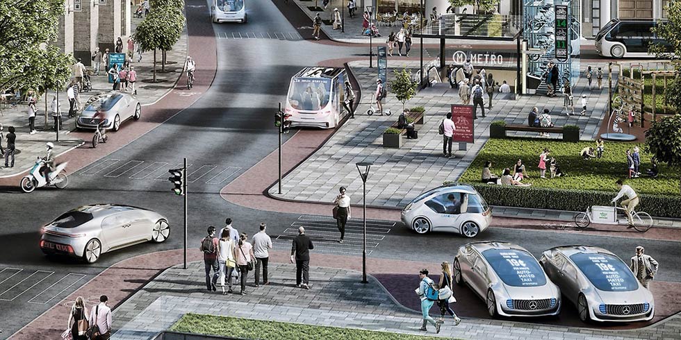 ダイムラーが描く将来のモビリティ社会のイメージ。手前側には自動運転タクシーの待機場、中程には自動運転バスの停留所、左奥にもシェアカーの乗降場が描かれているなど、路肩活用のアイデアが豊富に盛り込まれている（画像／ダイムラー）