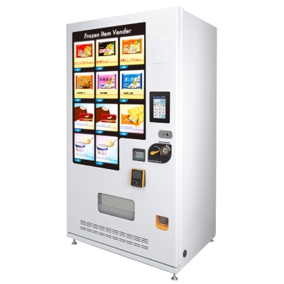 冷凍自動販売機「ど冷（ひ）えもん」。最大220ミリメートル幅の商品を収納可能。様々な商品サイズに対応する4パターンのストッカーが用意され、商品に合わせて選べる。最大11種類、308食の商品を補充可能（写真提供／サンデン・リテールシステム）