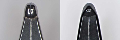 従来のサファリ「F（細字）」のニブのペンポイントの拡大写真。ペンポイントはほぼ球形になっている（左）。右は、漢字ニブのペンポイントの拡大写真。この形の違いが、筆記方向によって字幅を変化させている