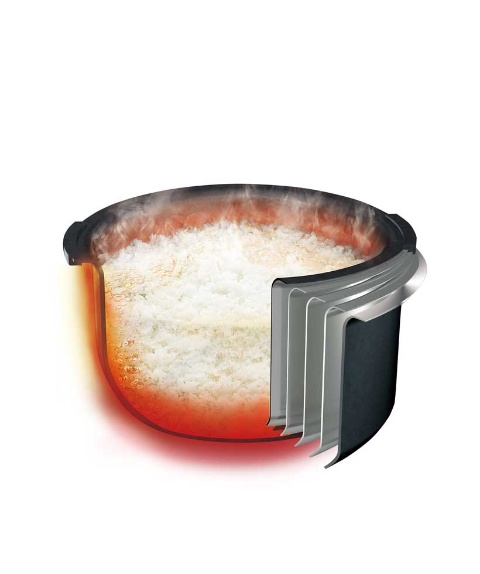 「圧力IHジャー炊飯器＜炊きたて＞JPV-A100型」の内鍋には、遠赤5層土鍋蓄熱コート釜を採用。新たにヒートカットパウダーをコートしたことで、さらに蓄熱性が向上したという