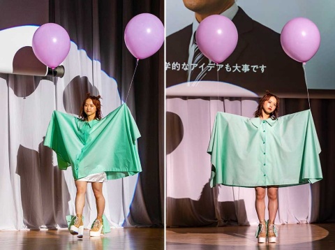 作品名:Light(デザイナー:As、モデルAKB48 Team4/Team8兼任 倉野尾成美) 肩への負担を軽減するため肩にかかるスリーブを風船で浮かせた作品。倉野尾さんは「デザイン画だけしか見ていなかったが、その再現ができることに驚いた。風船で浮かすという想像力がすごい。風船を一生懸命膨らませている姿を見て、制作者の思いも感じた。同世代として刺激を受けた」などとコメントした