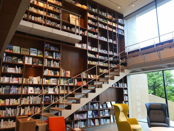 高い位置の本棚の本も手にとれるように、はしごが設置されている