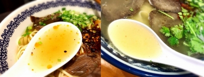 牛骨、牛肉、多種類のスパイスを長時間煮込んで作った、さっぱりした中にもコクを感じるスープがベース。日本のラーメンにはなかった独特のスパイスの香りが食欲をそそる（左がマーズルー、右が火焔山。以下同）