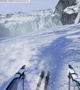 スキーの滑降体験ができる『スキーロデオ』。雪山を超高速で滑り降りるゲーム。プレーヤーには右のようなVR映像が見える。ヘッドセットのマイクが呼吸を拾い、息が白く見える