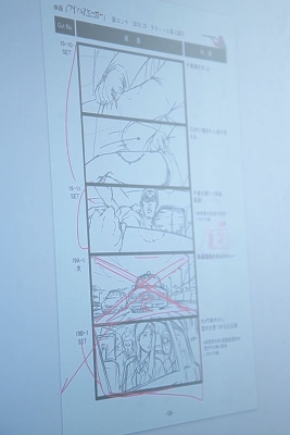 追加したカットや削ったカットが赤字で書き込まれている『アイアムアヒーロー』の絵コンテ。『いぬやしき』では絵コンテもGEMBA Noteでスタッフと共有したので、こうしたメモもスクリプターが清書しておいてくれるようになったそうだ