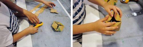 ダンボールとカッターを使ったアナログなものづくりを体験できるブースも。出展者の「テアタマ～ズ！」は、手で作り、手で考える新しい遊び方を子どもに提案するユニット