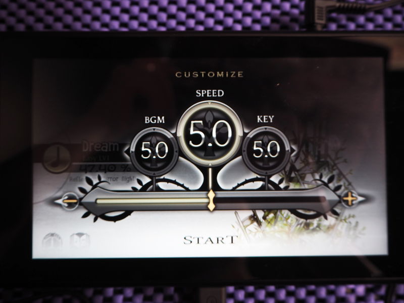 楽曲の難易度に加え、「スピード」も調整可能なので、プレイヤーのレベルに合うようカスタマイズできる。「BGM」は音のボリューム、「KEY」はスマートフォンの機種によってタッチの速度が変えられる。Nintendo Switch版では関係ないそう