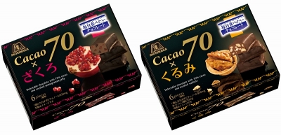 2016年8月に「カレ・ド・ショコラ カカオ70」シリーズから発売された「カカオ70×くるみ」「カカオ70×ざくろ」（各330円）