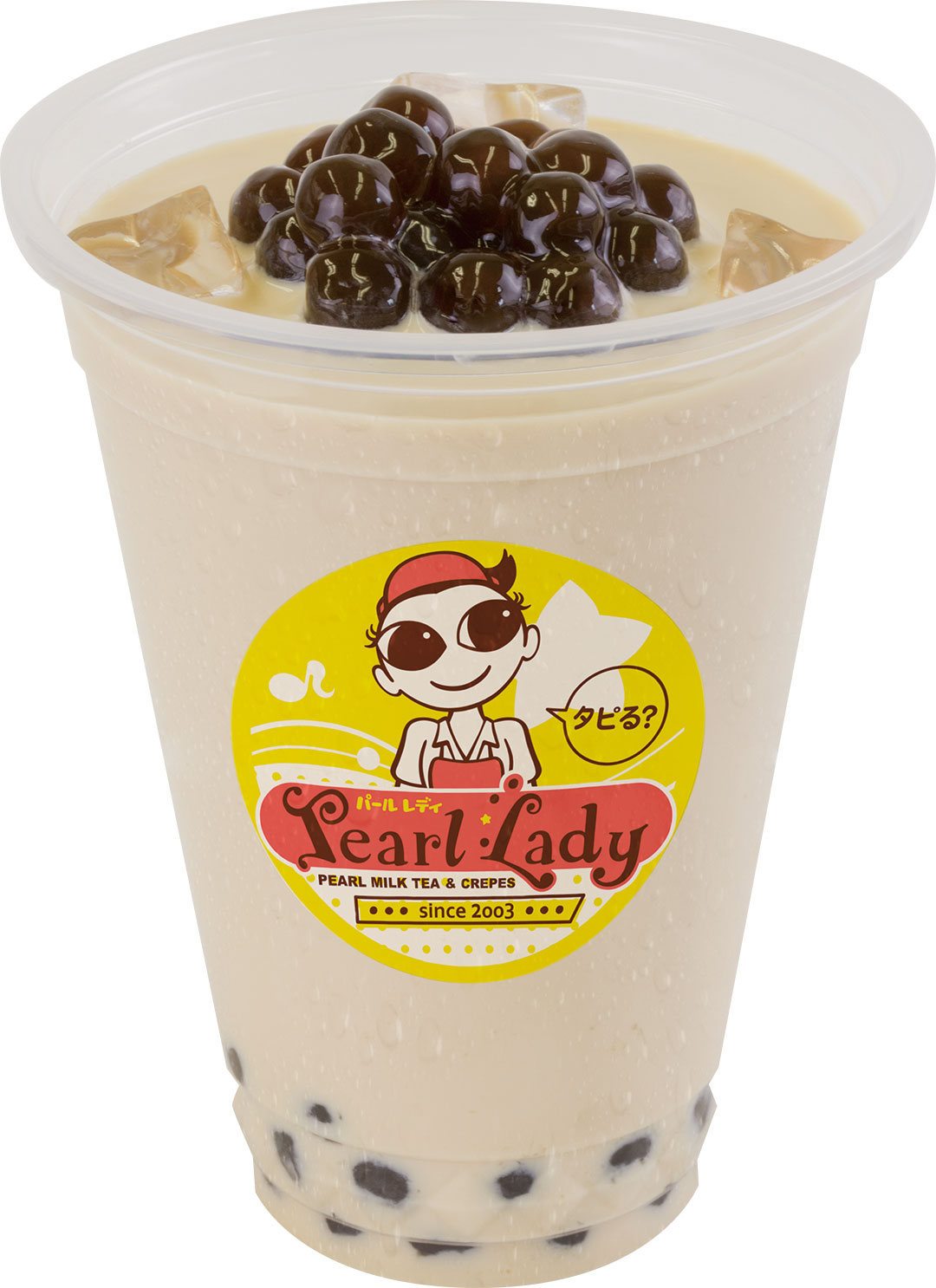 PearlLadyで最も人気があるメニュー「パールミルクティー」（税込み290円）。甘さがかなり強く、バニラのような香りもある。プリンやアイスクリーム、マシュマロ、フルーツなどのトッピング（有料）の種類も豊富