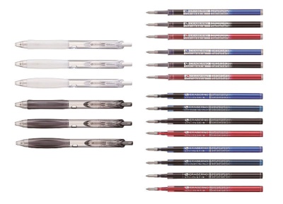 コクヨ「エラベルノ」。2色3種類の軸（100円）と、4色2種類のゲルインクや3色2種類の低粘度油性インク（各100円）を組み合わせて購入するボールペンだ。全通り試せるように買っても2000円で済む