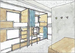 「CARRIAGE CLASS」（ダブルベッドルーム/2段ベッドの2タイプあり）は1泊（１室）／1万1800円～2万4000円（仮）。スタンダード/コンパクト/ミニなどいくつかのタイプを選択可能。2段ベッドでのグループ使用が可能なバックベッドタイプの部屋もある