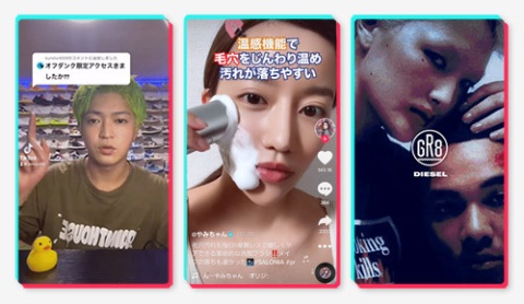 (右から)DIESELの広告動画画面、SALONIA「イオンフェイシャルブラシ」の広告動画画面、「スニーカーダンク」のTikTokクリエイター活用動画画面