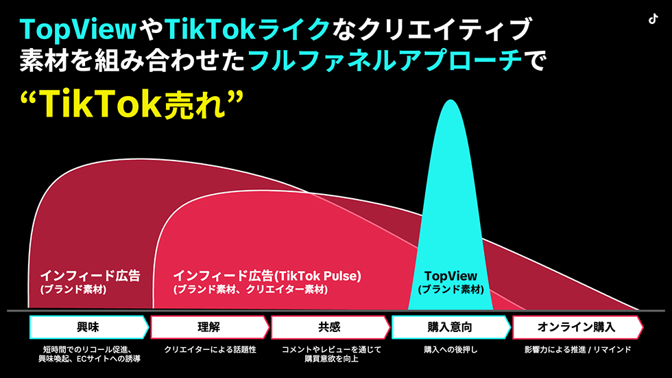 キャンペーンの全体像：インフィード広告やTikTok Pulseによる認知獲得と理解促進を図った後、TopViewを活用して購入意欲を喚起した
