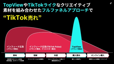 キャンペーンの全体像:インフィード広告やTikTok Pulseによる認知獲得と理解促進を図った後、TopViewを活用して購入意欲を喚起した